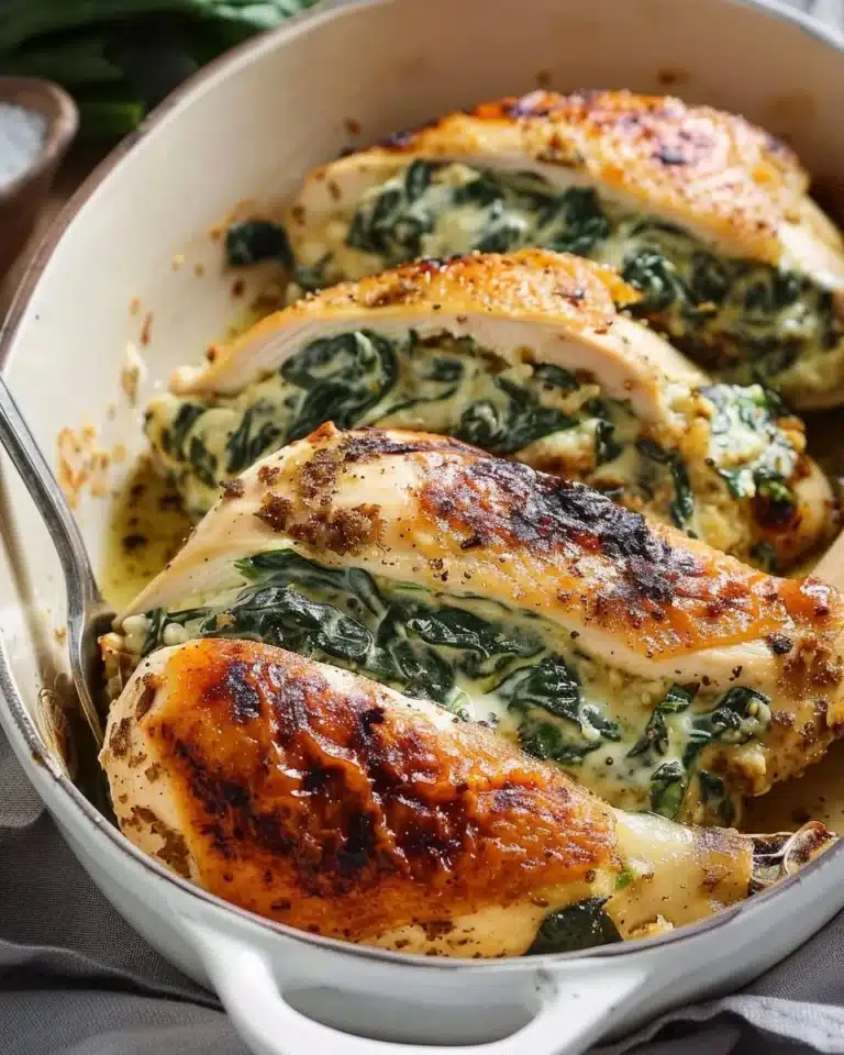 Poulet farci épinards crémeux, un plat délicieux et réconfortant.
