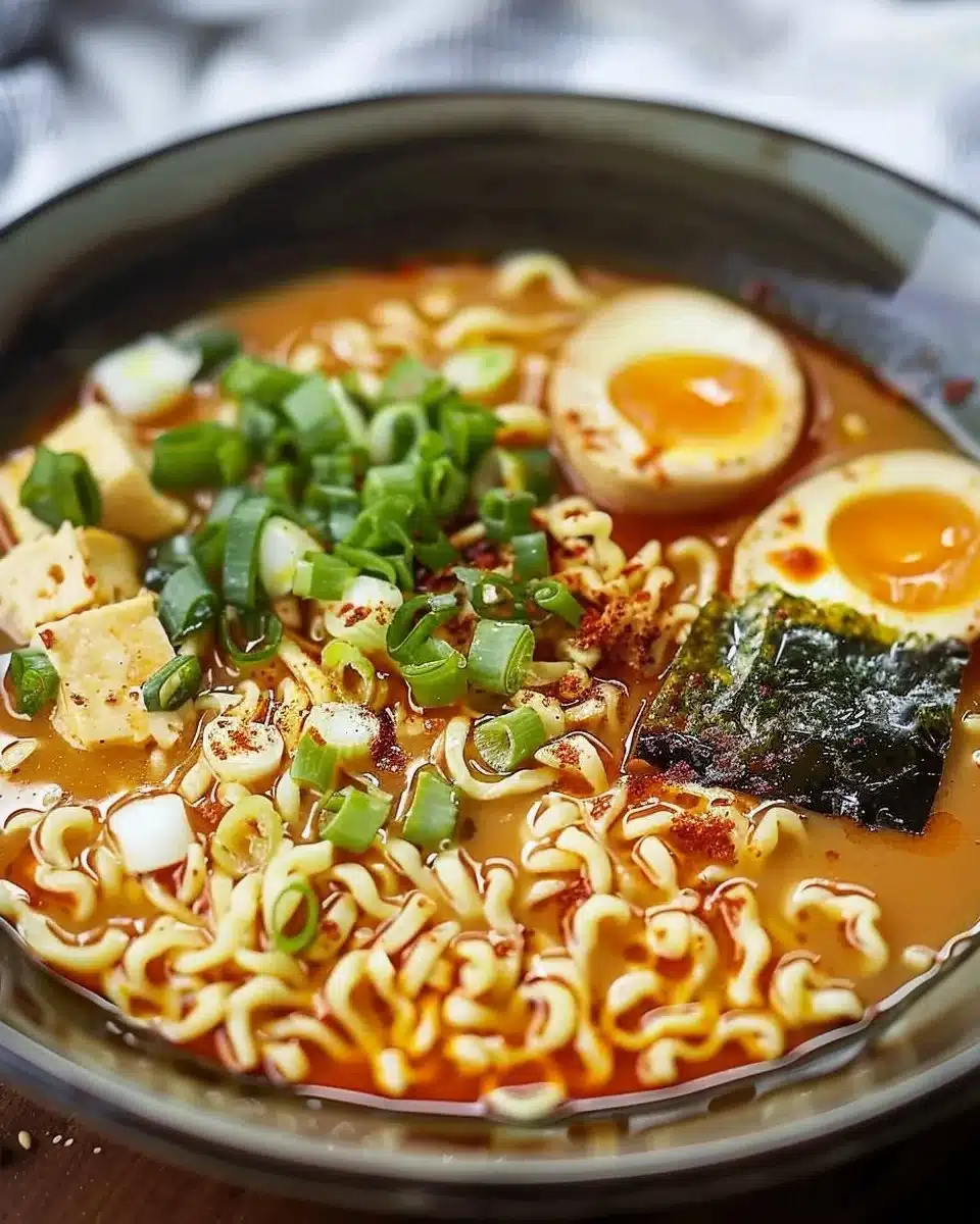 Bol de ramen miso épicé one-pot avec légumes et œuf coulant