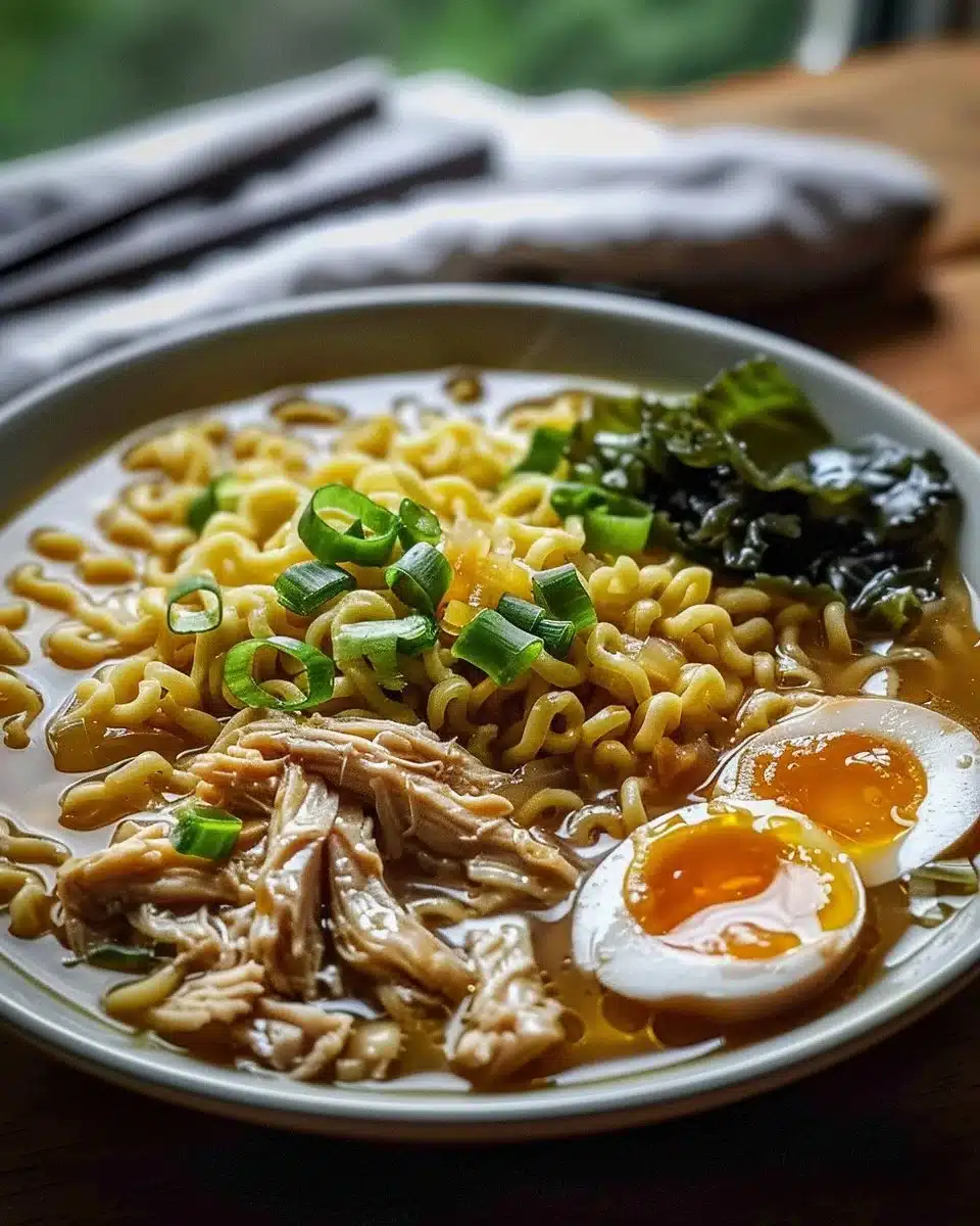 Ramen poulet facile prêt à être servi dans un bol avec des garnitures