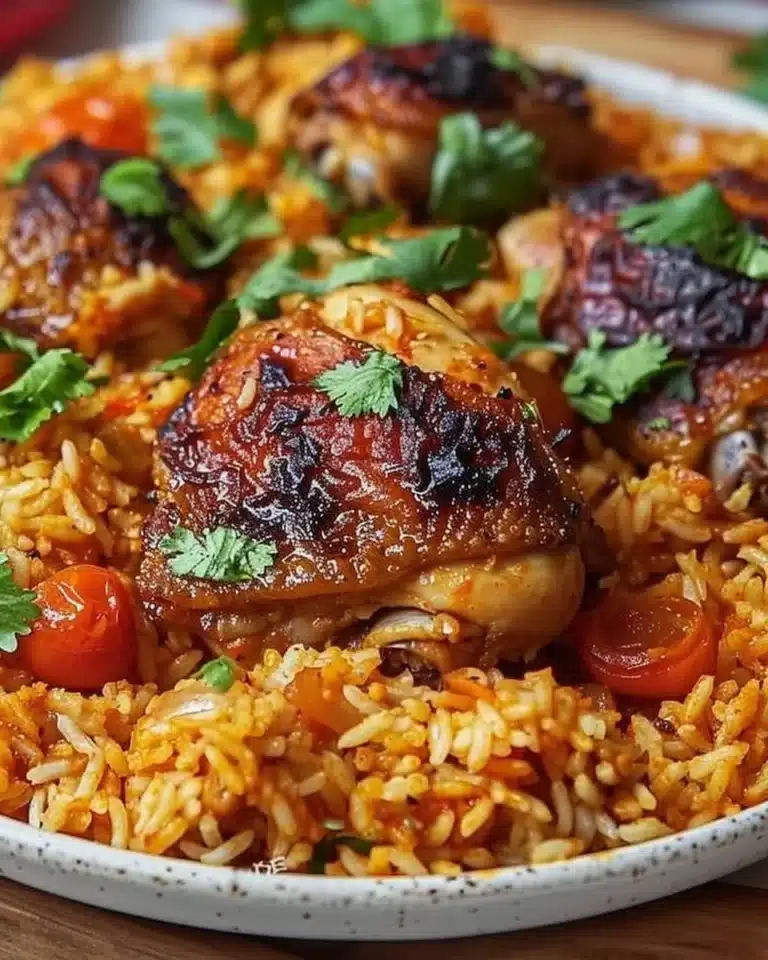 Riz épicé au poulet libanais servi avec des herbes fraîches