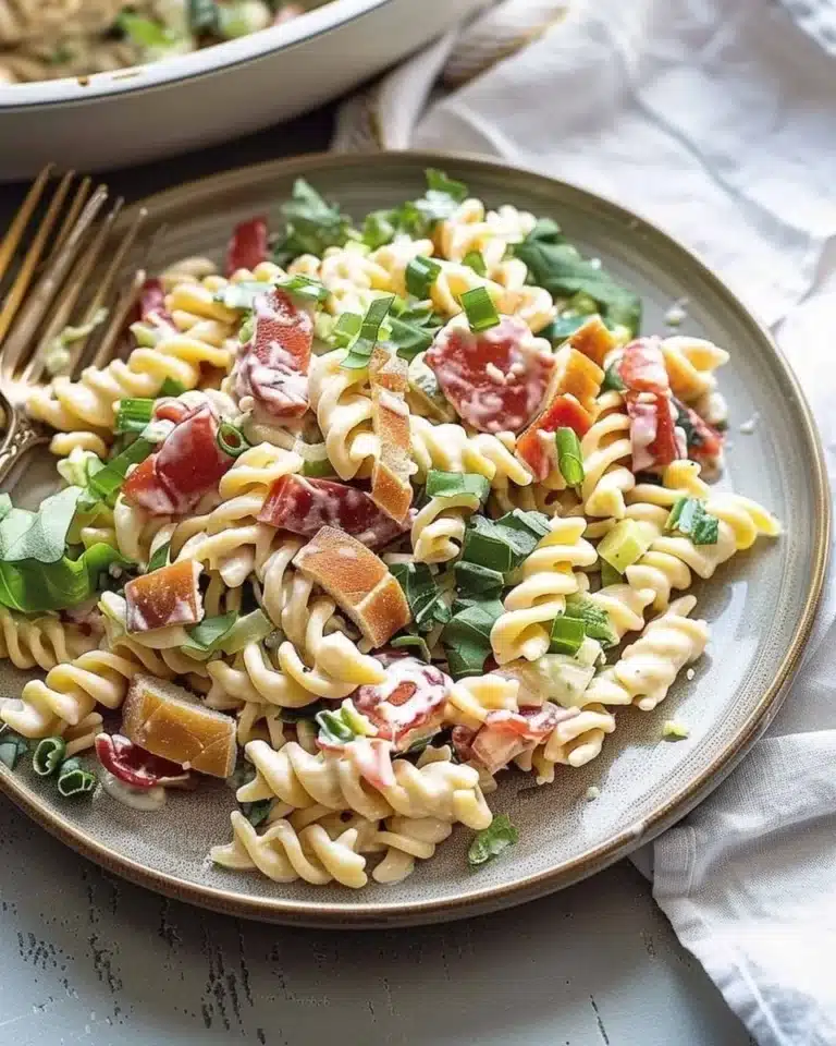 Salade de pâtes BLT crémeuse garnie de tomates, laitue et bacon croustillant