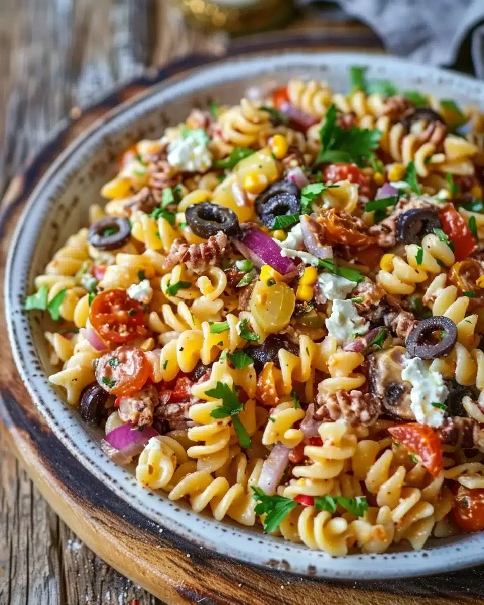 Savoureuse salade de pâtes cowboy avec légumes et vinaigrette