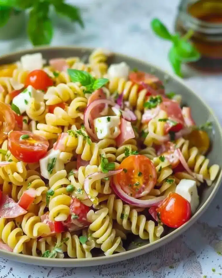 Salade de pâtes italienne colorée avec légumes frais et sauce