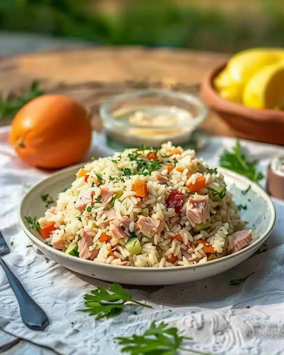 Salade de riz au thon avec légumes colorés, parfaite pour un repas estival.
