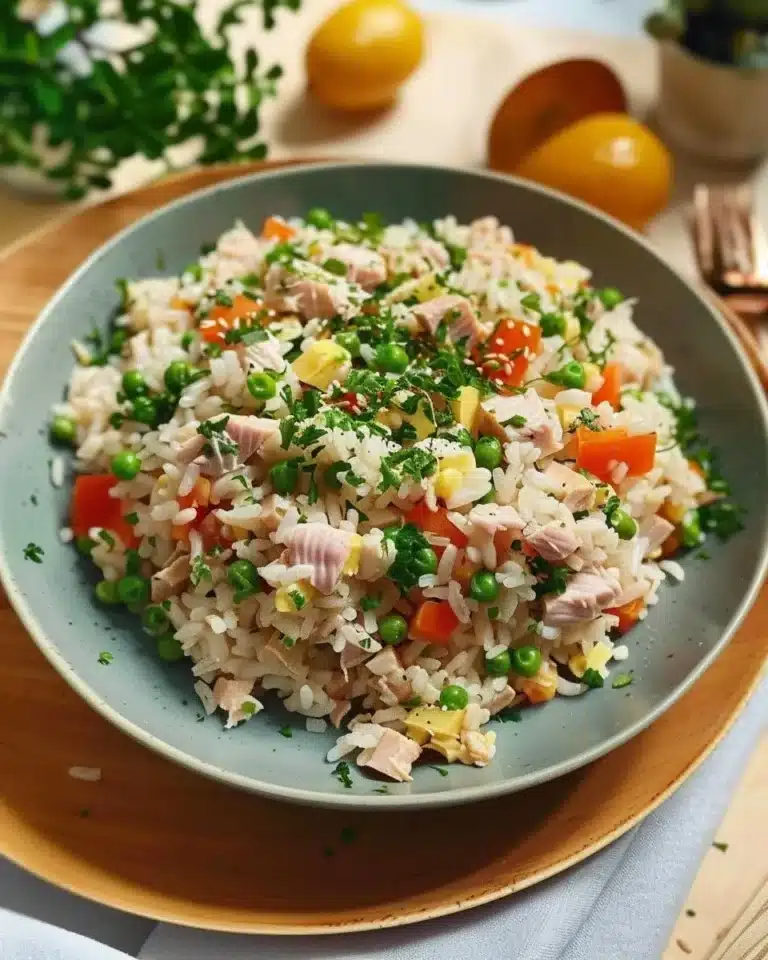Salade de riz au thon avec légumes frais et assaisonnement