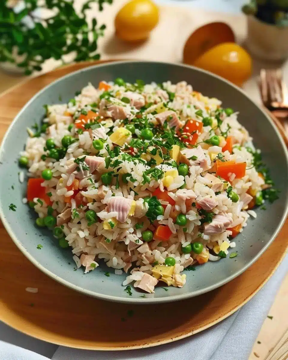Salade de riz au thon avec légumes frais et assaisonnement