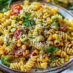 Salade de pâtes au maïs fraîchement préparée avec des légumes colorés