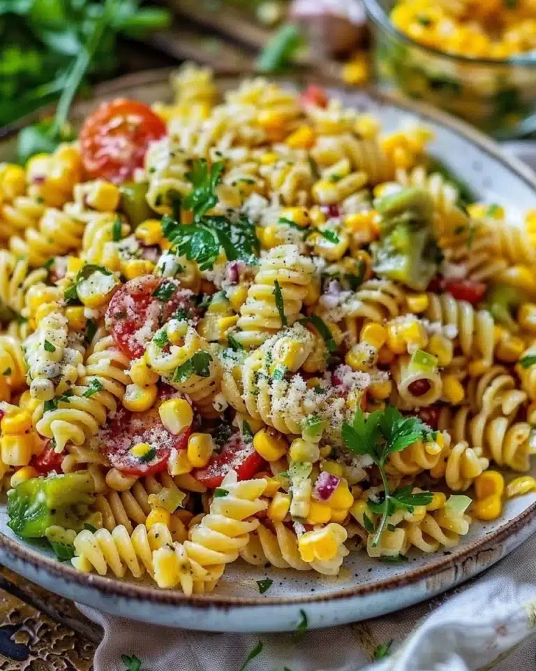 Salade de pâtes au maïs fraîchement préparée avec des légumes colorés
