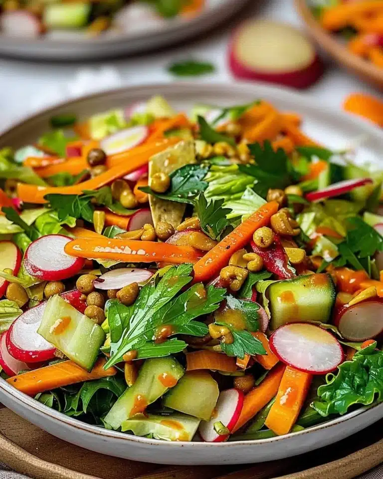 Salade végétarienne fraîche croquante composée de légumes colorés et croustillants.