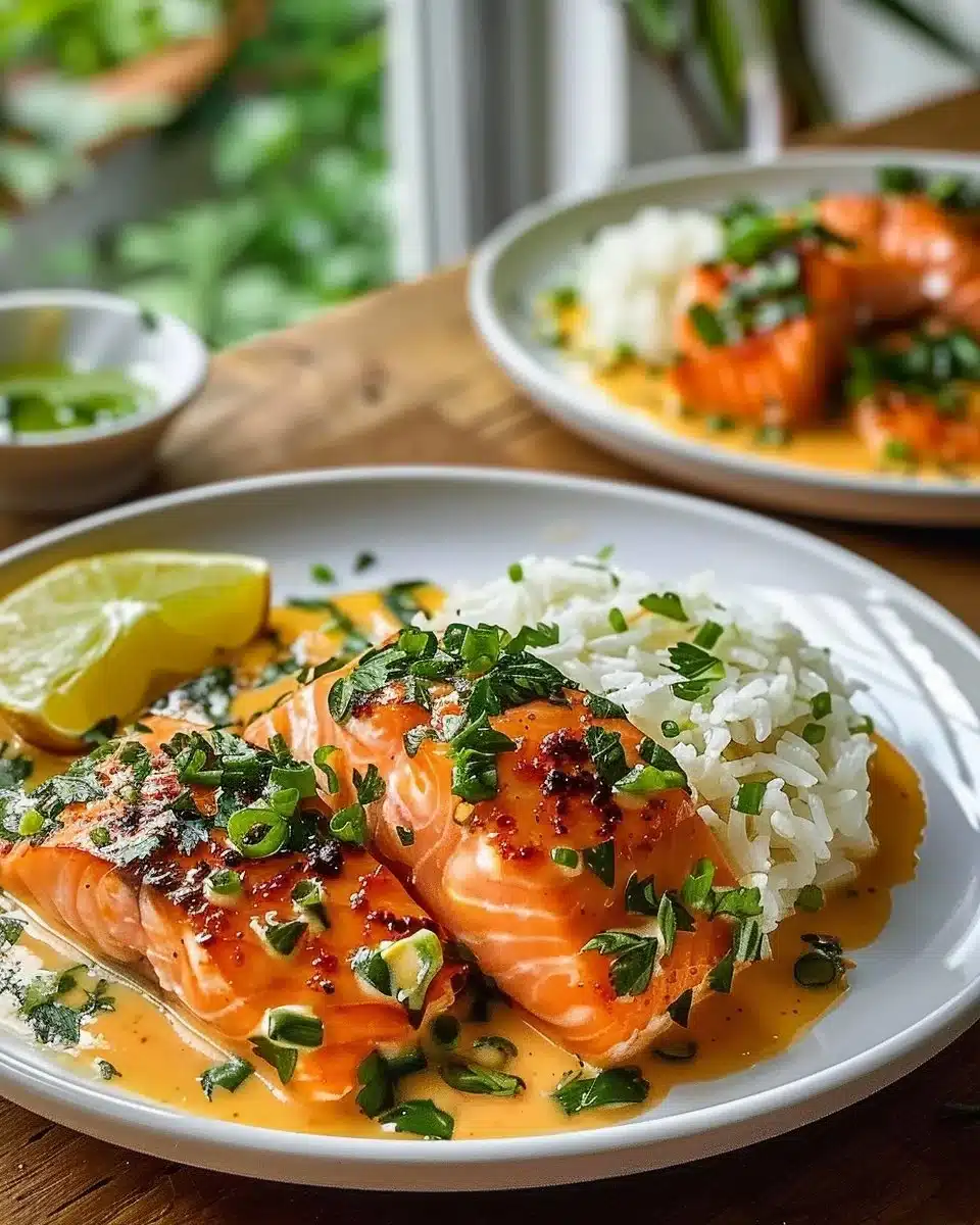 Plat de Saumon Bang Bang crémeux servi avec garnitures délicieuses.