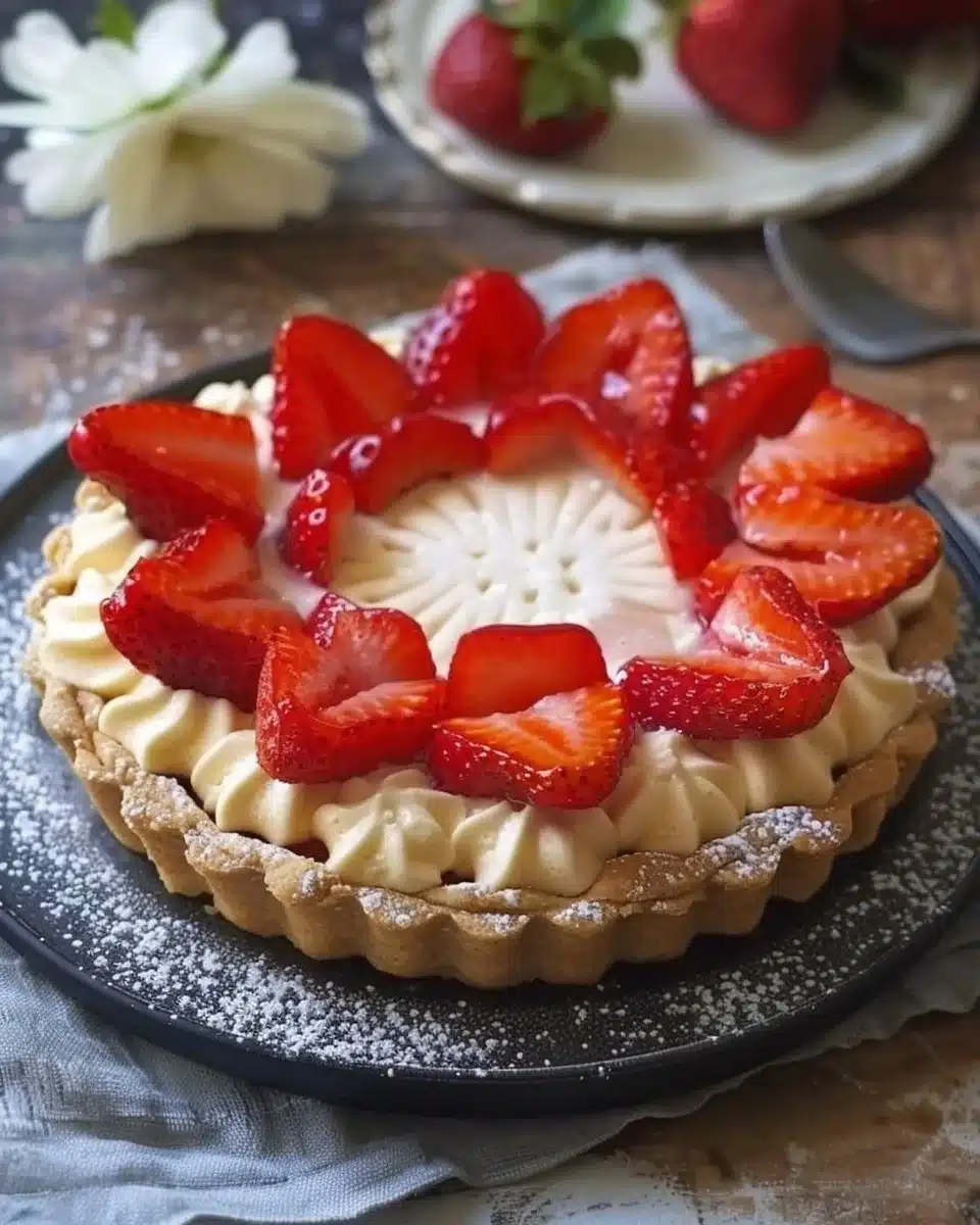 Tarte dacquoise aux fraises garnie de crème et fraises fraîches